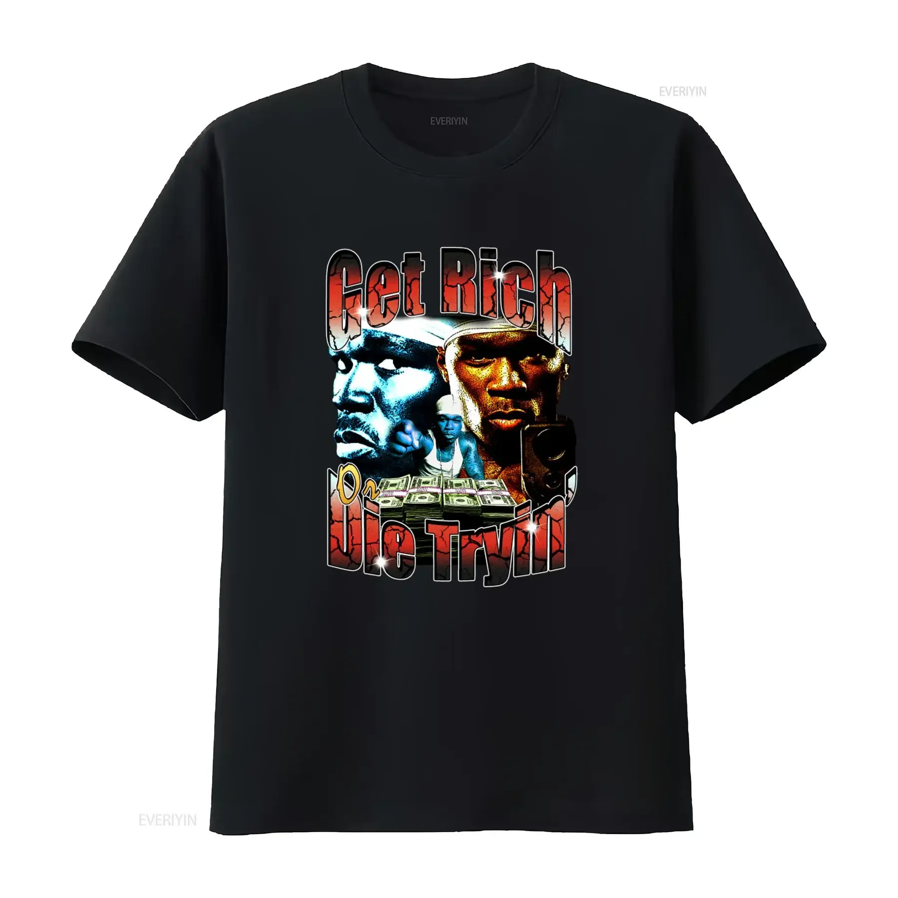 50Cent T Shirt Get Rich Or Die Tryin Design Hip Hop Style Money Stack Print Bold For Men vintage Washed Soft