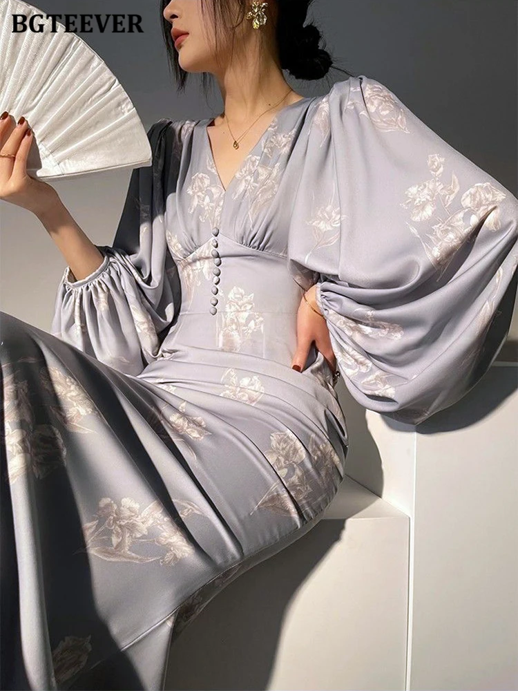 BGTEEVER Spring Elegant V-neck Printed Mermaid Dress Women Vintage Lantern Sleeve Slim Waist Ladies Bodycon Dress vestidos
