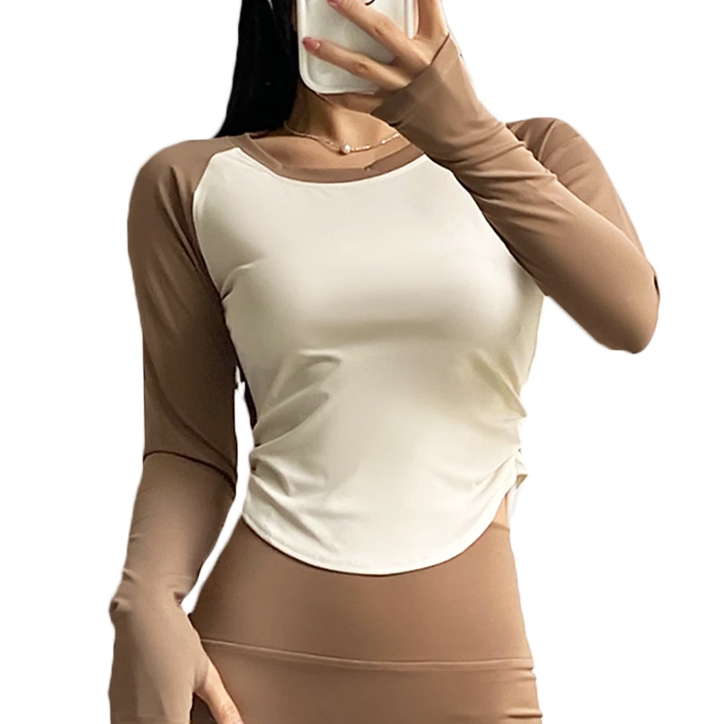 Aiithuug with Thumbhole Slim Fit Yoga Crop Long Sleeve Ruched Waist Crop Top Basic Slim Fitted Shirts Athletic Winter Fall Shirt