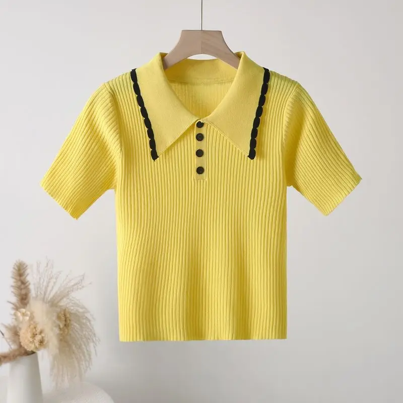 Pulôveres de botão com pescoço polo feminino, tops de malha, manga curta, elegante e fina, doce e tudo combina, roupa de trabalho, pedaços de gelo,