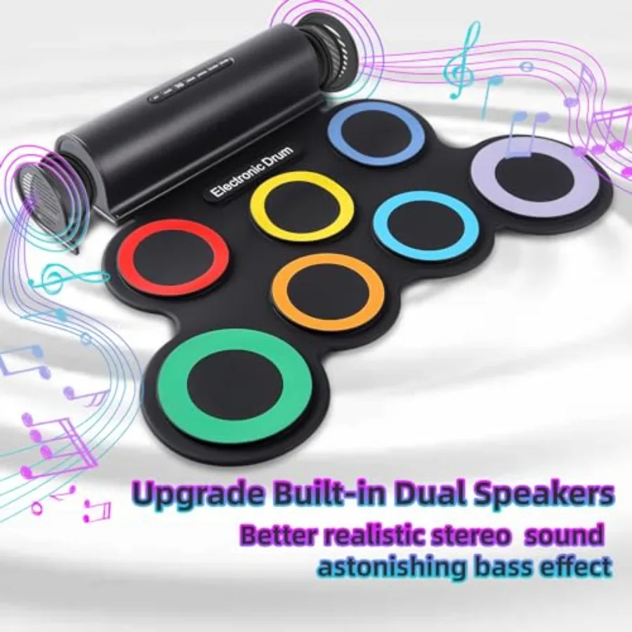 Portable electronic drum set for home and travel practice: 7-pad roll-up kit in black with silicone pads, featuring MIDI connec