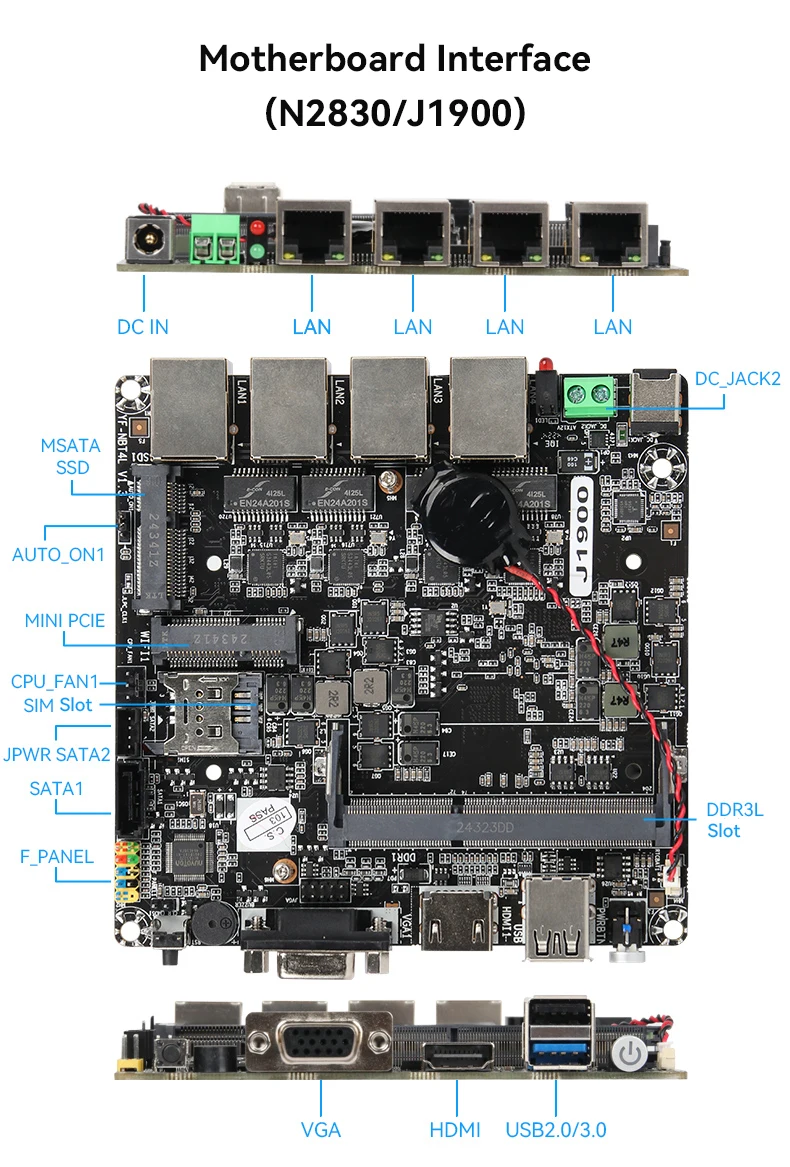 Płyta główna Inter Celeron N2830 J1900 z procesorem, 4x2.5G LAN, 1xHDMI, 1xVGA, 1xUSB3.0, 1xUSB2.0