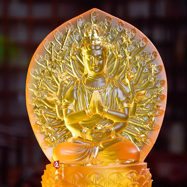 Thousand Hands Avalokiteshvara Statue Crystal Glass Artwork Thousand Eyes Buddha Figurine for Home Altar Meditation Decor Gift
