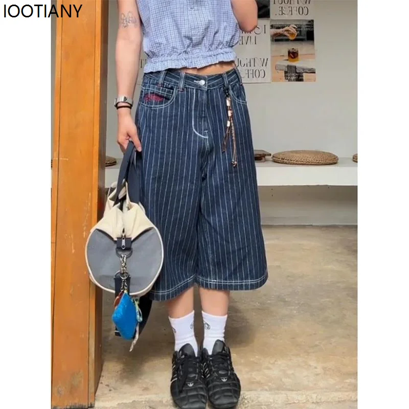 Harajuku Y2k Women's Light Blue Calf Cargo Jeans Loose Fit Jeans Japan Oversized Jeans Vintage Summer Striped Embroidery Pants