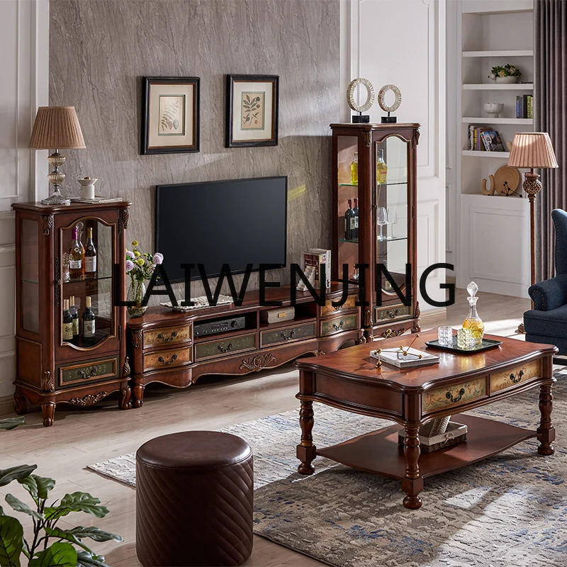 

American Mediterranean Style Painted Solid Wood TV Cabinet Coffee Table Dining Side Sofa Matching Cabinet