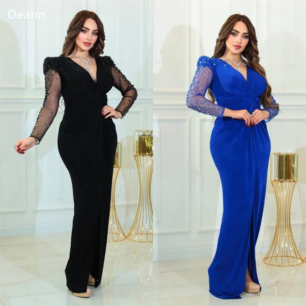 

Customized Saudi Arabia Dearin V-neck Column Floor Length Skirts Knot Ruffle Beading Pearl Tulle Bespoke Occasion Dresses Prom G