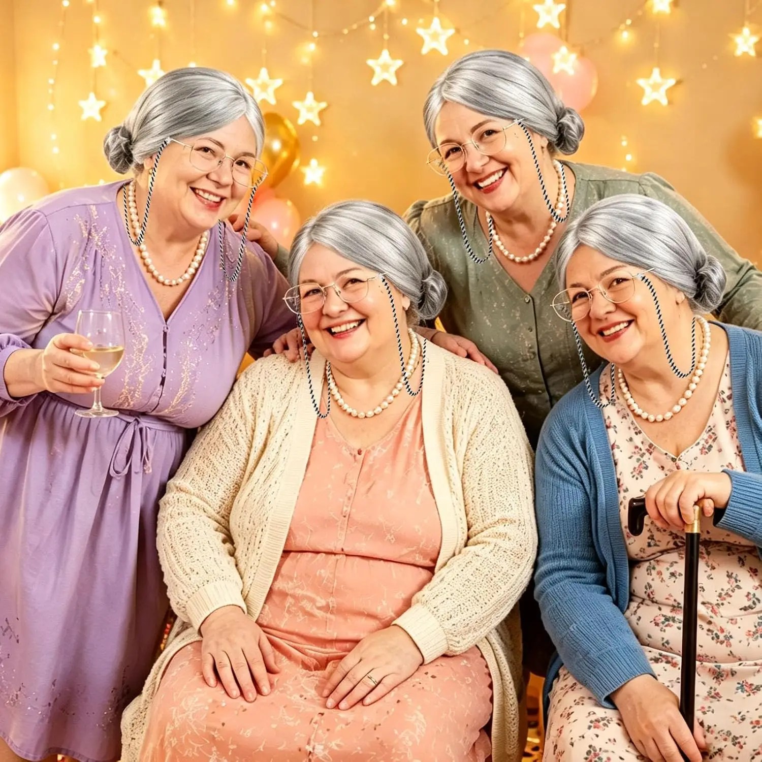 Fat Old Lady Costume Set Fake Belly and Chest Fat Suit for Adults with Grey Wig, Pearl Necklace Glasses Funny Halloween Costume - view 4