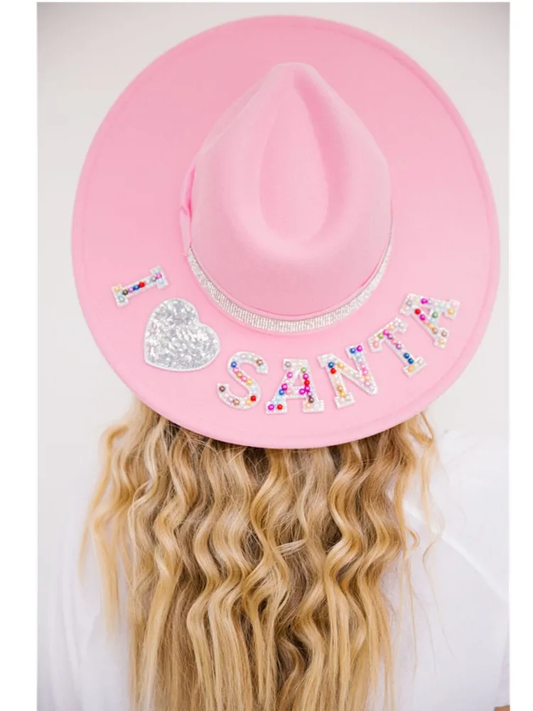 Custom Monogram I LOVE SANTA PINK RANCHER HAT, Personalised Peal Name Sun Hats Cowgirl Hat Party Decorations Favors