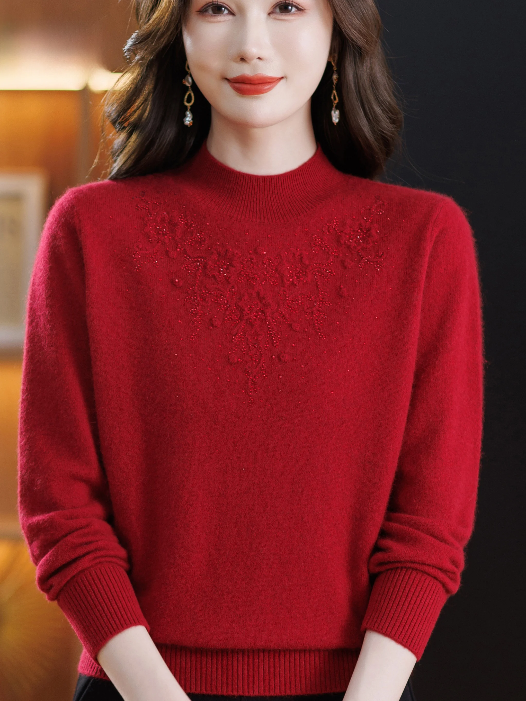 

Ele Embroidered Camere Wool Sweater f High Collar Loose Fitting Base Layer irt Pure Color Knitwear for Middle Aged...