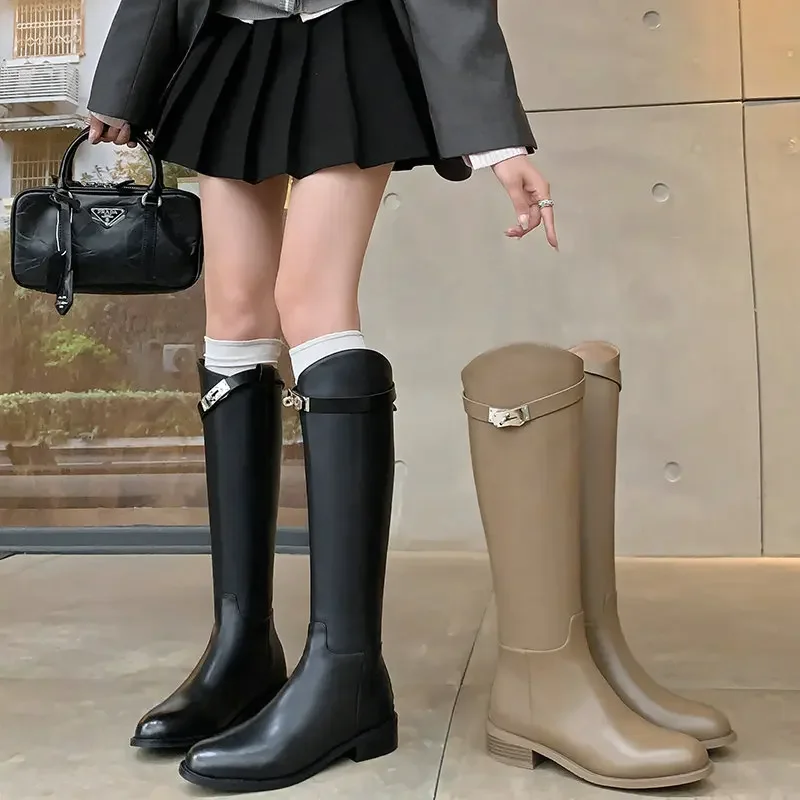 Luxury Brand Genuine Cow Leather Black Nude Color Knee-high Riding Equestrian Shoes With Metal Lock Western Winter Women Boots