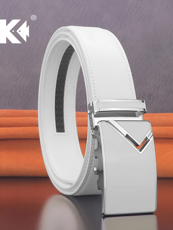 White Leather Golf Belt Automatic Buckle Slide Buckle Men's Casual Fashionable Belt Versatile Youth Suitable Belt for Jeans