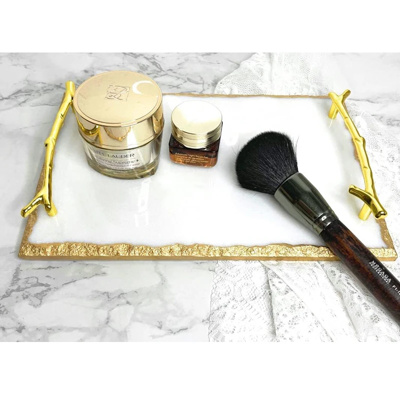

Luxury Marble Tray with Gold Handles and Trim, Vanity Tray for Jewelry Display, Serving Tray for Counter Dresser Nightstand Desk
