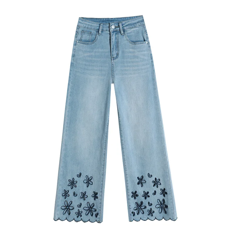 

American Retro Denim Pants Female Zipper Buttons Design Wide Legs Trousers 2026 Fashion Embroidery Flower Solid Jeans
