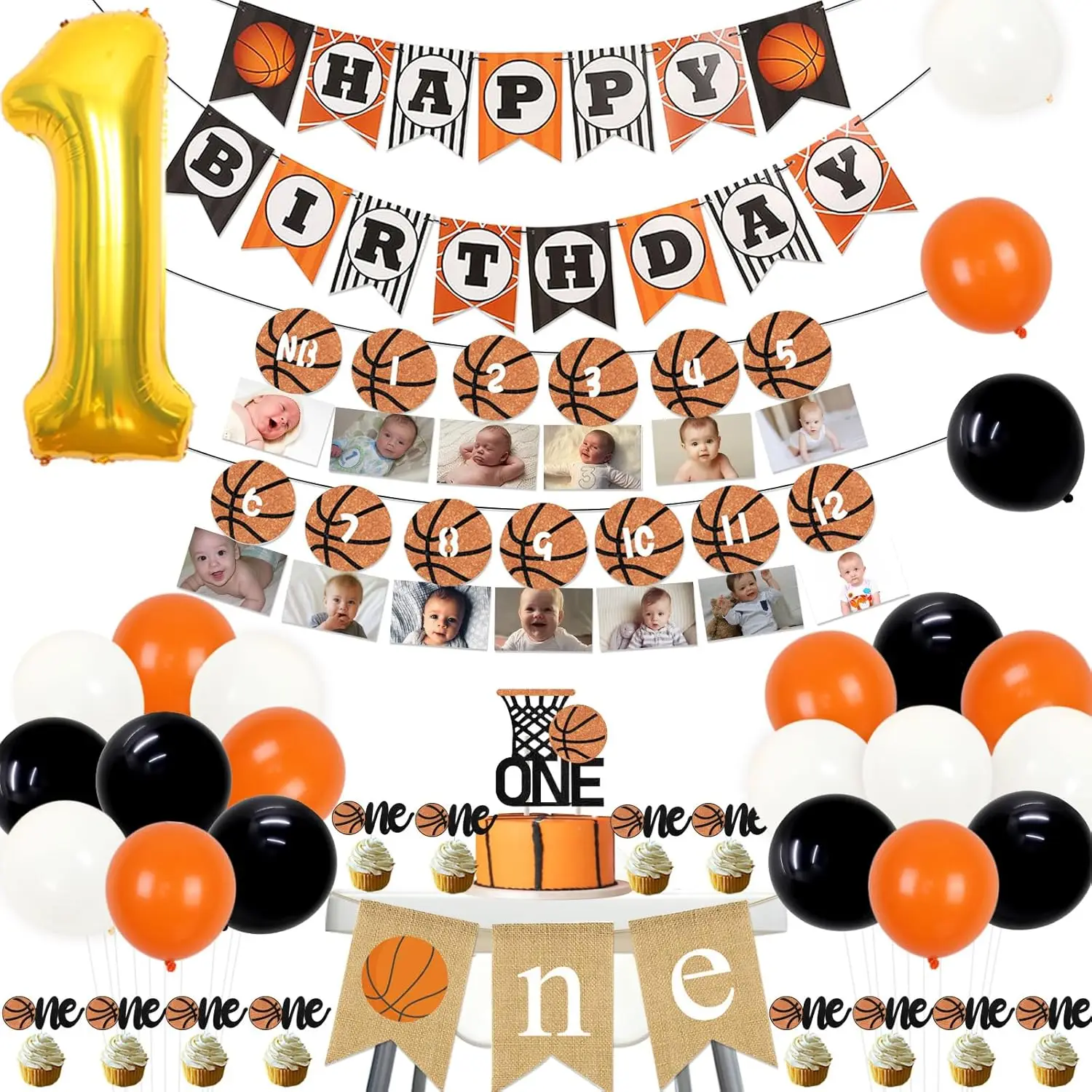 FANGLELAND Basketball Theme 1st Birthday Decoration, Cake Decoration Photos Banner Happy Birthday Banner for Boys Birthday Party