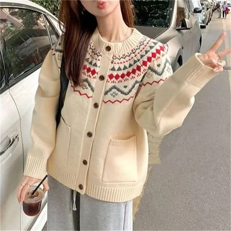 

New Lazy Style Sweater Cardigan Literary Crew Neck Knit Sweater Women's Versatile Jacket