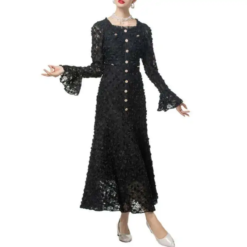 

[Vibe] Fashion Women's Elegant Dresses Three-dimensional Floral Square Collar Long Sleeved Princess Style Dress Spring New