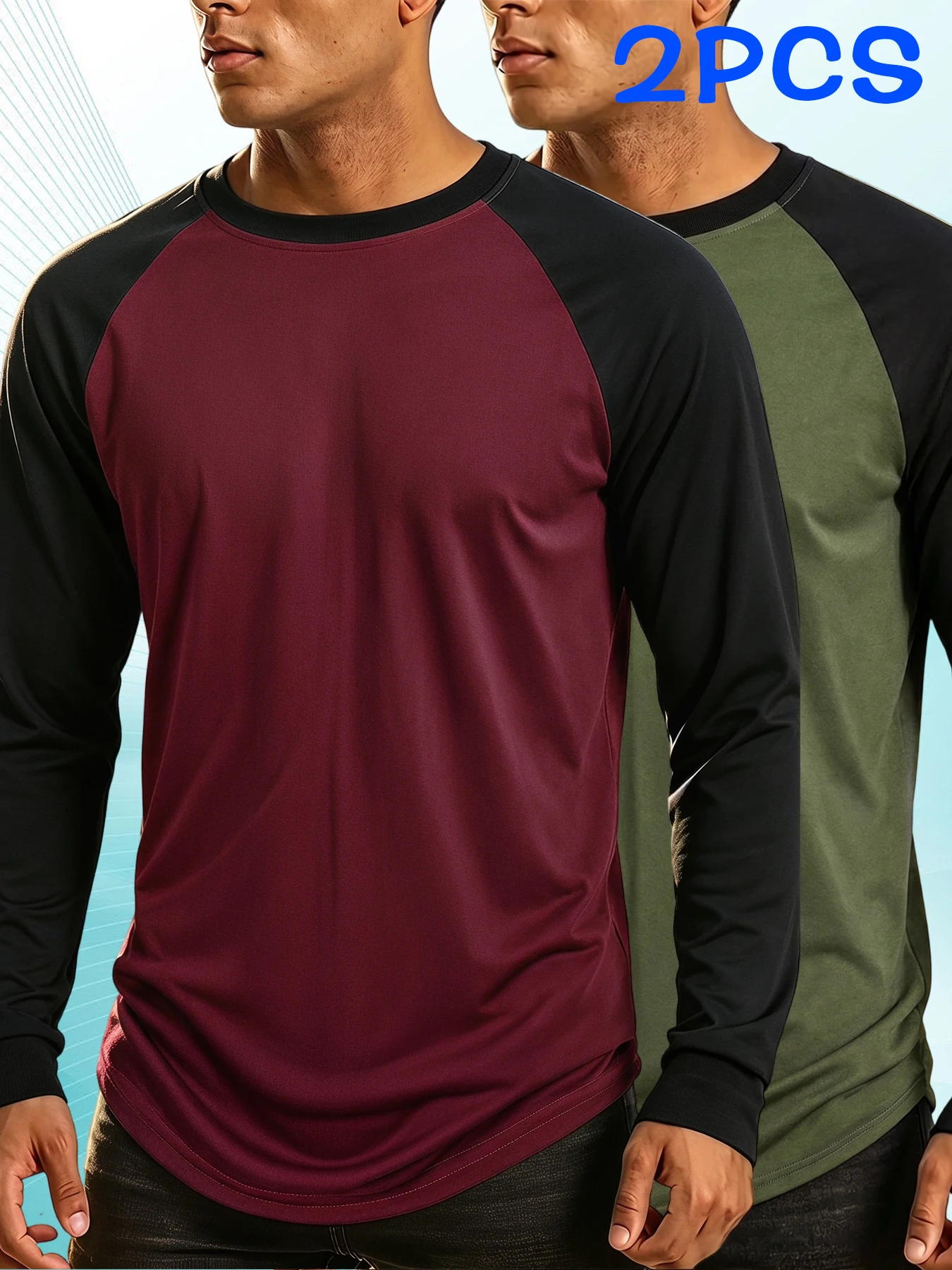 Men 2 Pack Raglan Long Sleeve Baseball T-Shirts Lightweight Stretch Wrinkle Resistant Colorblock Tops Sport Outdoor Daily Shirts