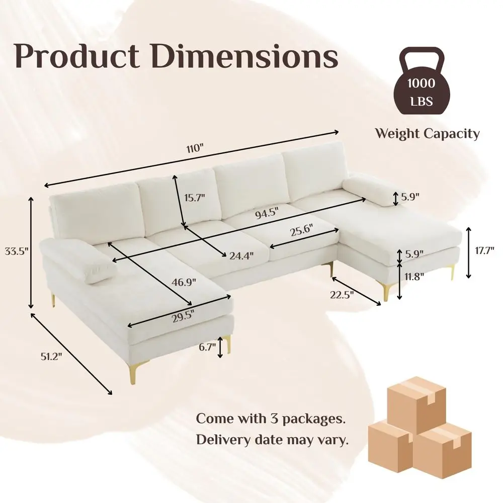 

Convertible Sectional Sofa 110 UShape Sofa Couch 4Seat Couch with Chaise ChenilleFabric holstered for Living Room, Apartment,