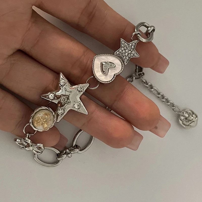 Y2K Heart Star Flower Chain Bracelet For Women Girls Fairy Love Exquisite Aesthetic Bangle Jewelry Daily Commuter Accessories