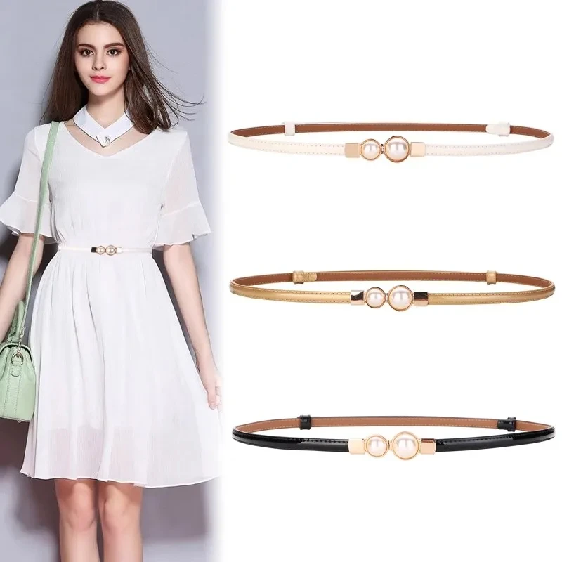 Genuine Leather Temperament Waist Cover Patent Leather Style Pearl Buckle Thin Waist BeltWomen's Dress Decoration Belt For Women