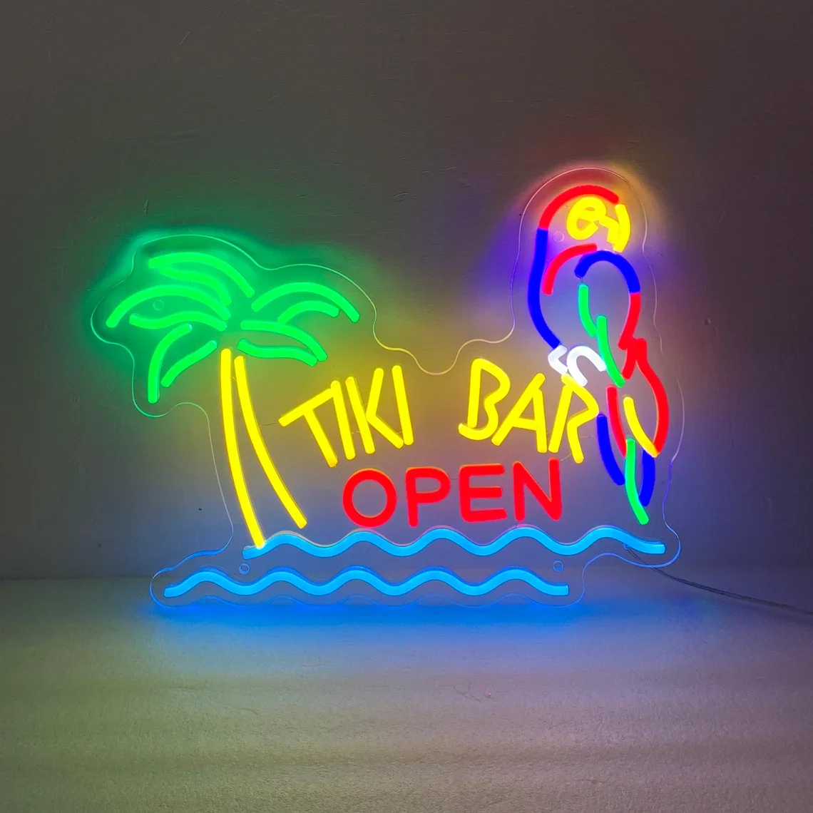 Tiki Bar Open Neon Sign Parrot Palm Tree, Custom Bar Neon Sign , Personalized Tiki Bar Decor, Beach Bar Sign