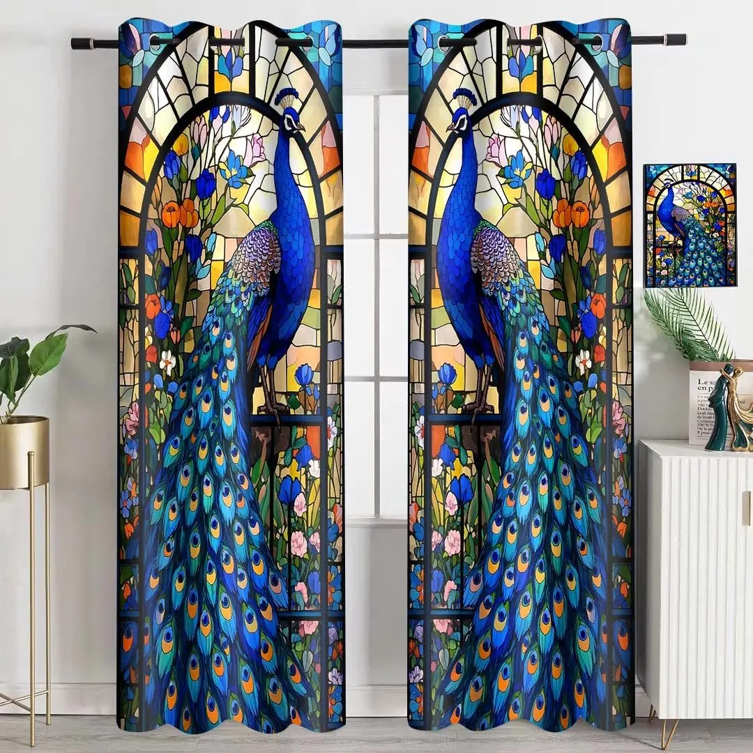 Peacock Stained Glass Curtains Colorful Bird Flower Print for Living Room Window Decor