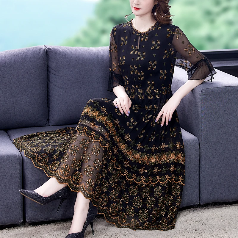 Women Black Mesh Floral Embroidery Elegant Maxi Dress 2024 Spring Vintage 3XL Plus Size Two Piece Dress Bodycon Party Vestidos