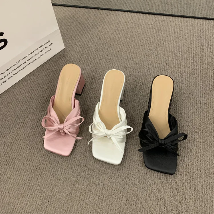 Exquisite Bowknot Decoration Slippers Solid Color Peep Toe Women's Chunky Heel Shoes Minimal Versatile Ladies Sandals