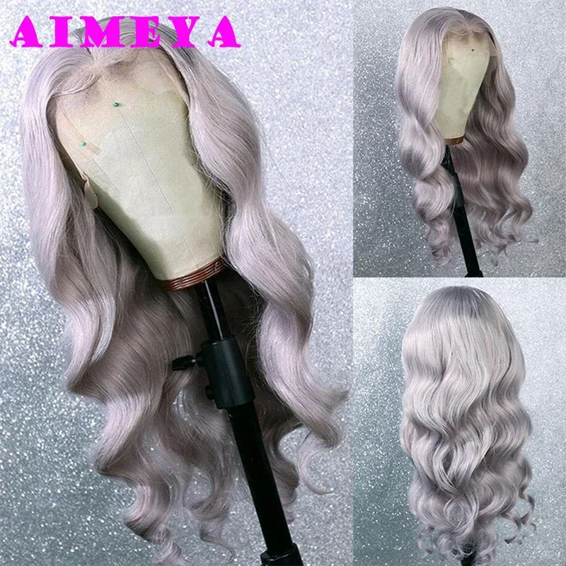 AIMEYA Silver Grey Wig Long Body Wave Synthetic Lace Front Wig Natural Hairline Light Gray Heat Resistant Daily Wear Wig Cosplay