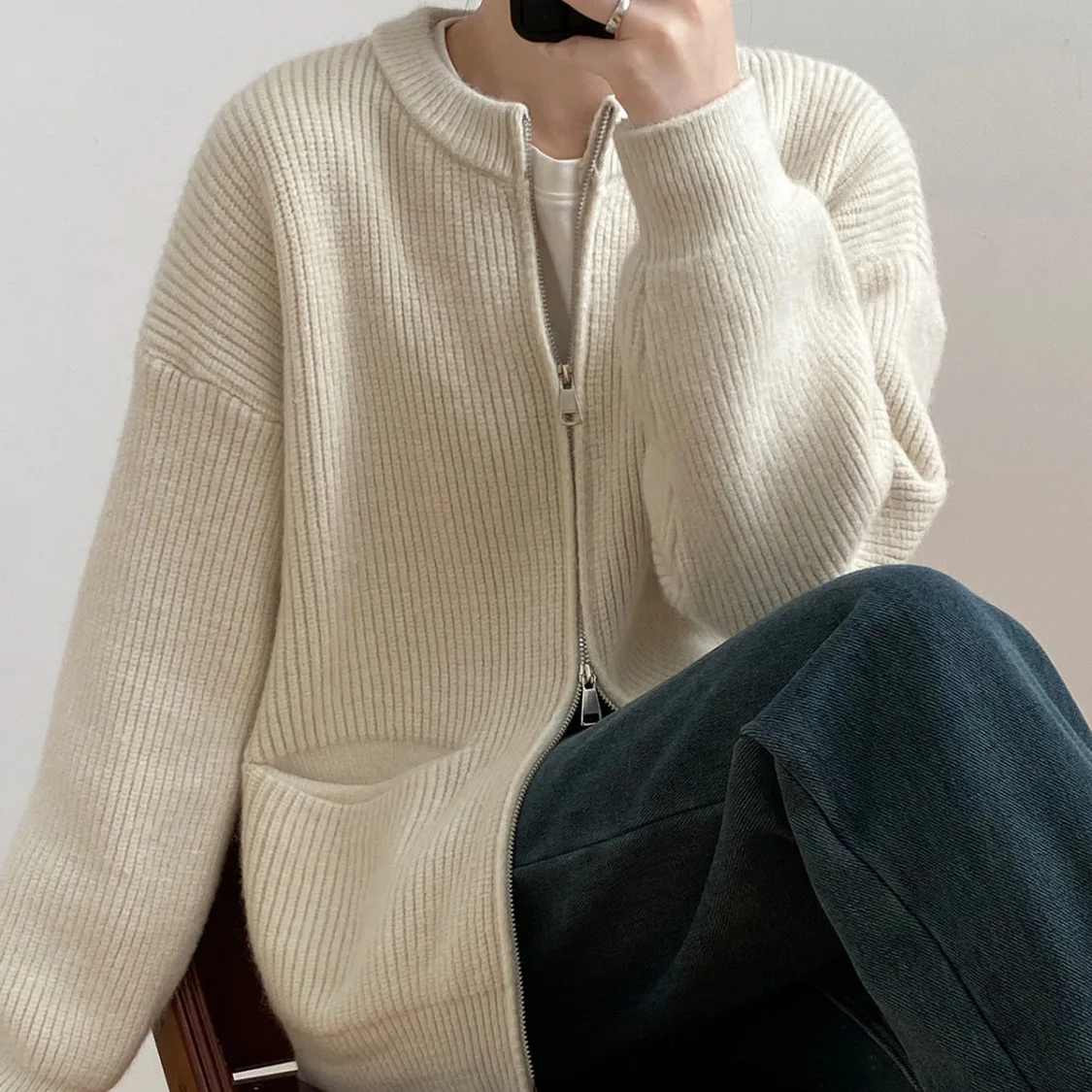 Women Sweater Cardigan Oversize Knitted Jackets Zipper Long Sleeve Tops Winter 2023 Vintage Clothes Knitwears Cashmere Outwears