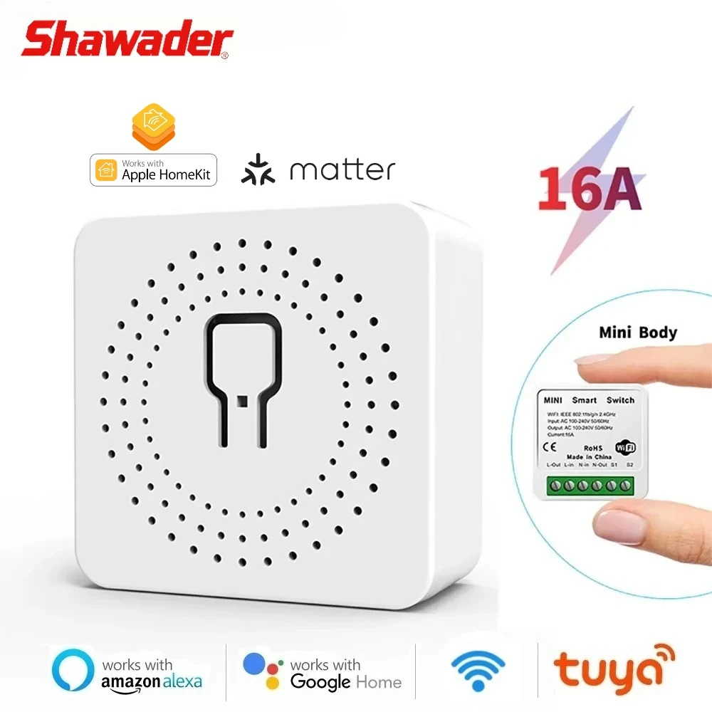 

Умный мини-переключатель Shawader 16A Tuya WiFi Zigbee/Matter 2way, интеллектуальный прерыватель с таймером, дистанционный домашний комплект Alexa Google Home