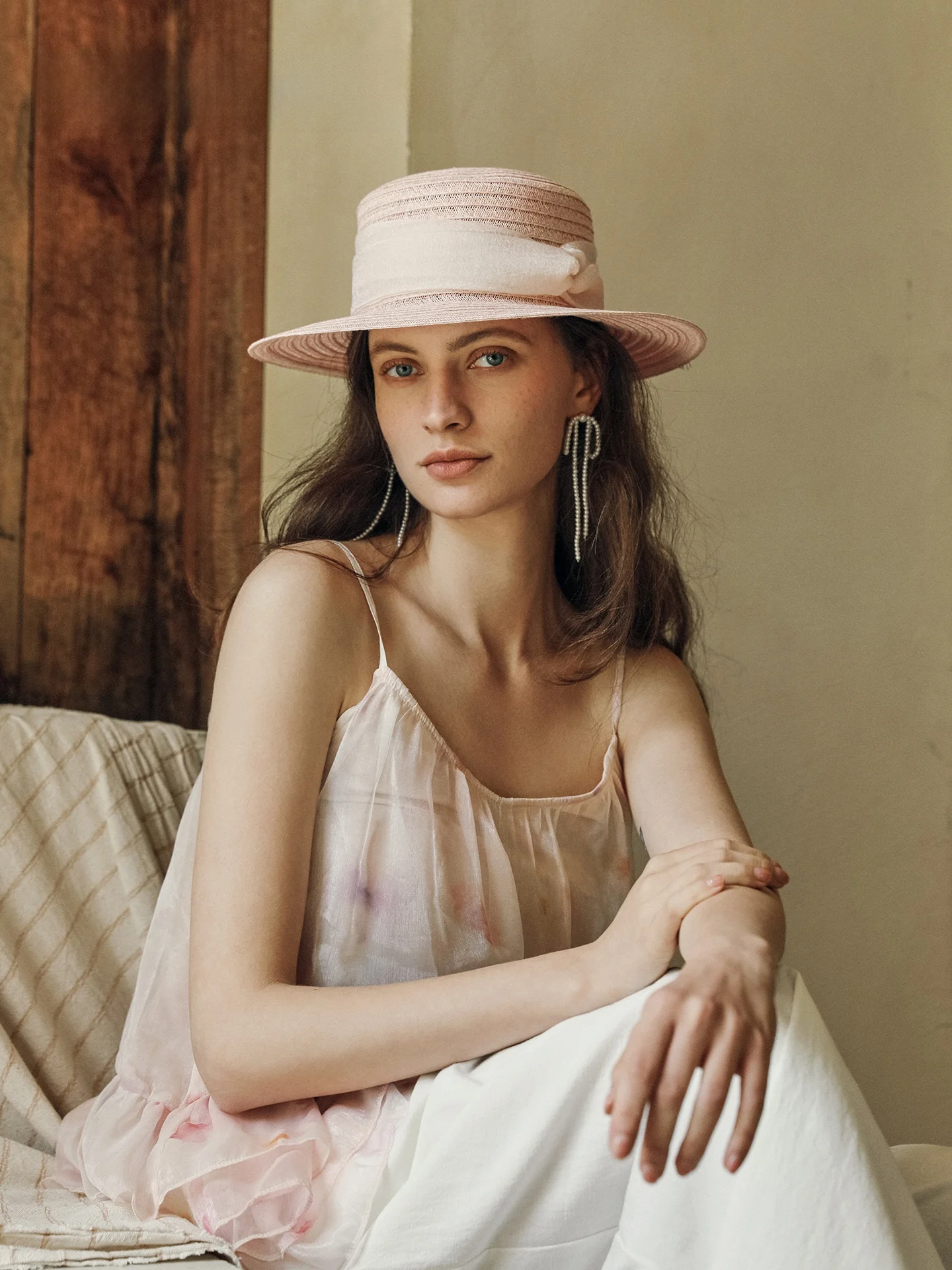 mismemo-retro-pink-flat-brim-straw-hat-women's-spring-summer-versatile-face-slimming-sun-protection-hat-fashionable-flat-top-hat