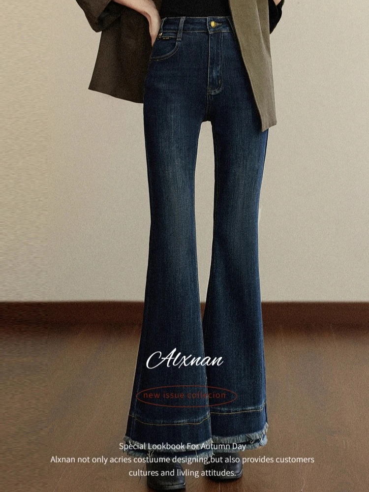 

ALXNAN Flared Jeans Women Vintage Blue Raw Edge High-waist Denim Jeans Trend Autumn Cotton Fashion Casual Pants Female L57587