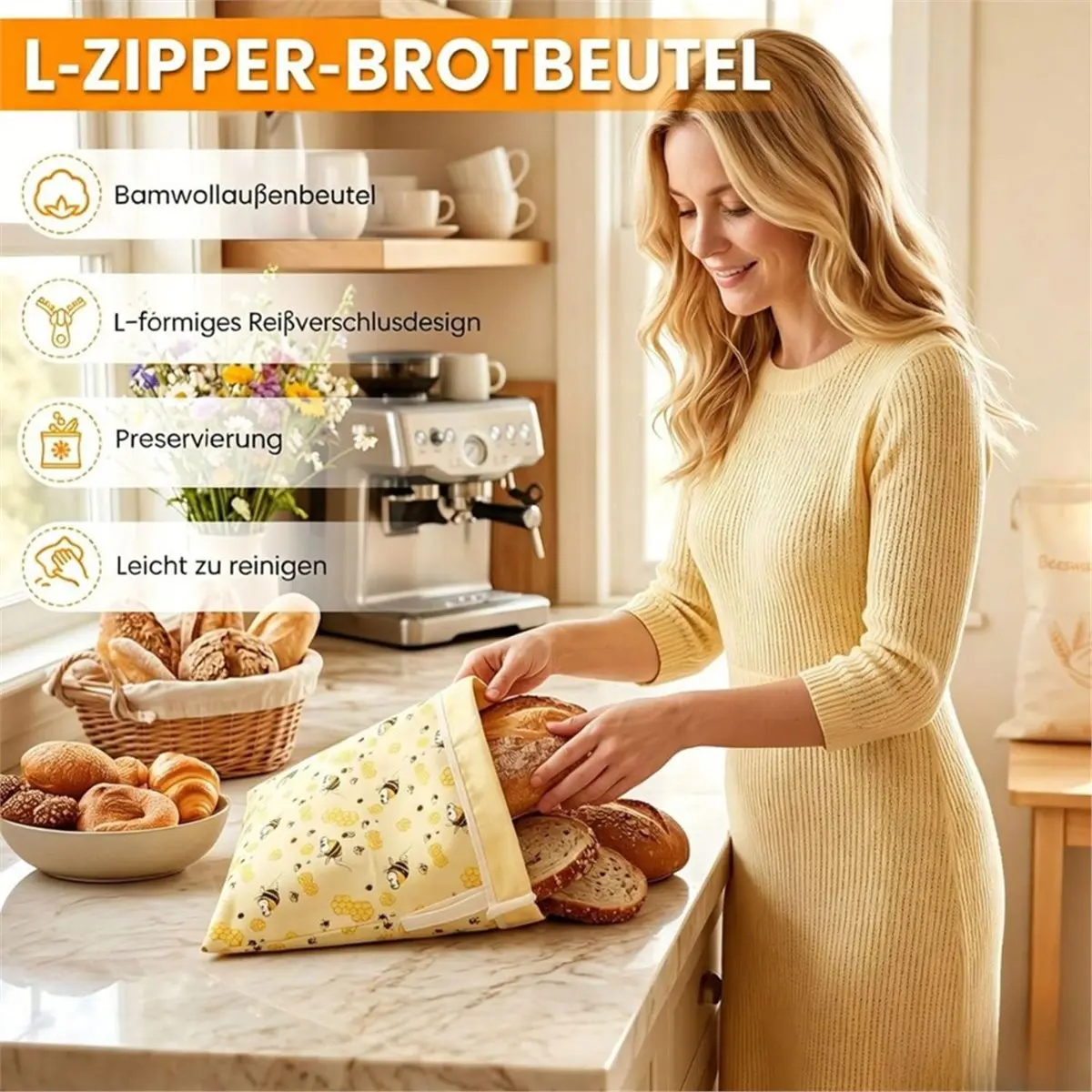 Pack of 2 Beeswax Bread Bags Large 42 X 33 cm Bread Bag Beeswax L-Shaped Zip Handle Beeswax Bags for Bread