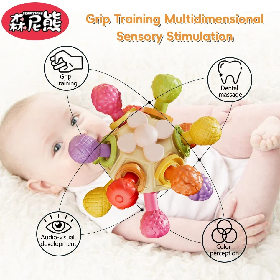 SENNIXIONG Baby Kautabletten Montessori Manhattan Runde Kugel Zahnen Spielzeug Hand Greifen Ball Klicken Sound Infant Sensorischen Spielzeug für Kleinkinder