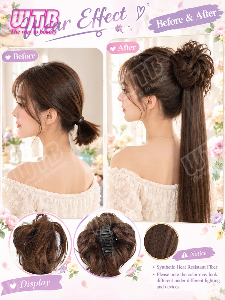 Messy Curly Hair Bun Synthetic Wig Clip Style Bun Wig with Straight Ends Suitable for Women to Wear at Weddings Holiday Events