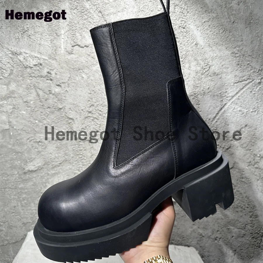 Black Leather Men\'s Boots Thick-Soled Chelsea Boots Novelty Designer High-Top Cowhide Platform Booties Luxury Handmade Men Shoes