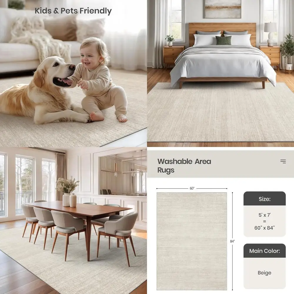 

5x7 Beige Area Rugs - Stain Resistant, Non-Slip, Washable for Living Room and Bedroom