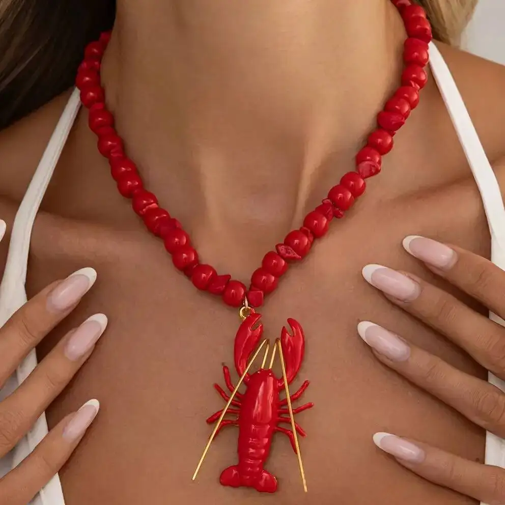 Ingemark Boho Creative Crab Crayfish Pendant Necklaces Women Unique Summer Beach Vacation Acrylic Beads Chain Y2K Accessories
