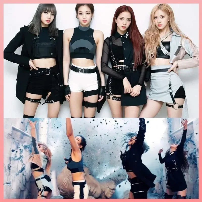 Kpop koreański pokaz gwiazd czarny hip hop krótka kamizelka płaszcz z klapami płaszcz + seksowne krótka spódniczka z wysokim stanem krótkie spodenki damskie stroje