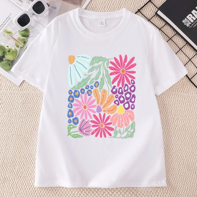 Trendy Boho Floral T-Shirt Soft Flower Graphic Tshirt Cute Spring Garden Botanical Top Summer Short Sleeve Women's Clothing