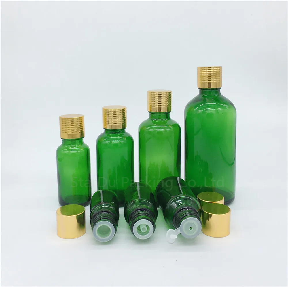 100 unidades 5ml/10ml/15ml/20ml/30ML/50ml/100ml frascos de vidrio verde botella de aceite esencial con tapón de rosca dorado botellas de Perfume