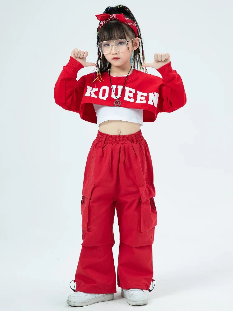 Kpop Jazz Dance Outfit Hip Hop Dance Clothes Girls Cheerleading Performance Suit Red Black Street Dance Stage Costume VDB7415