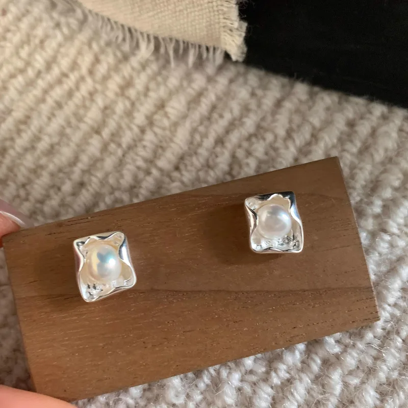 PANJBJ 925 Sterling Silver Geometry Block Studs Earrings For Women Pearl Frosting Design Sweet Jewelry Gift Dropshipping