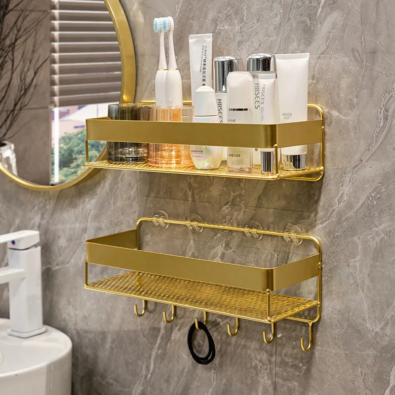 

Gold storage rack without punching bathroom rack toilet washbasin wall mounted skincare product storage rack bathroom shelves