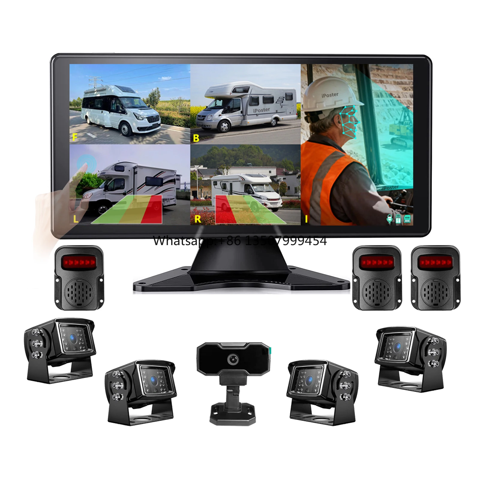 10.36 Inch Touch Screen 5ch DVR Loop Recording DMS BSD Fatigue Detector Pedestrian Safety Alert Waterproof Reverse Aid Monitor