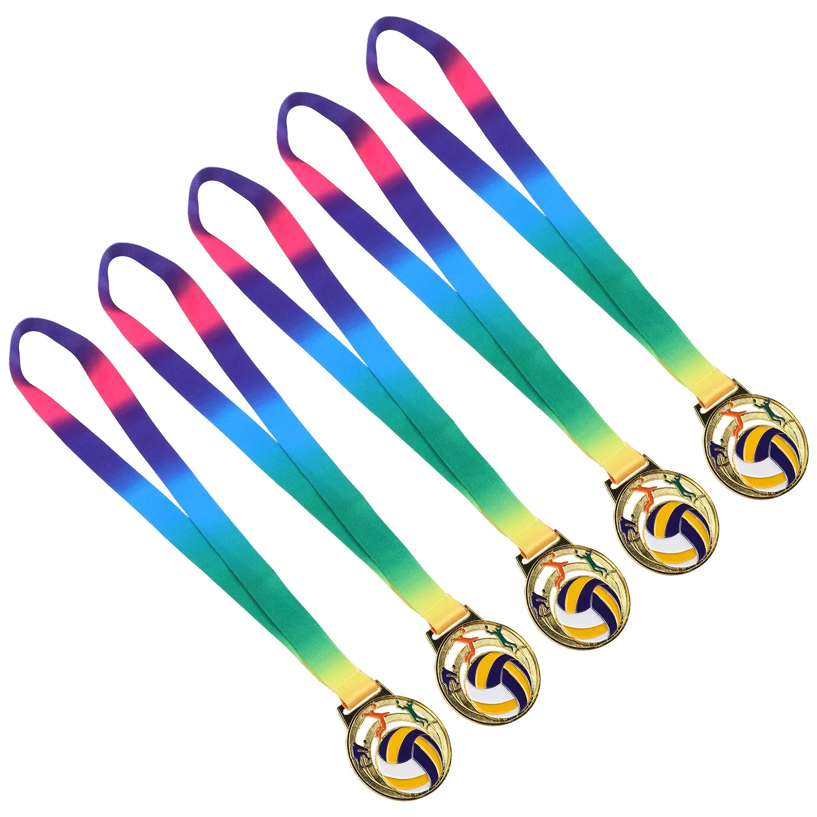 

5 шт. волейбольных наградных медалей из цинкового сплава, золотые металлические медали для соревнований, с лентой на шею, призы для командных видов спорта для победителей турниров