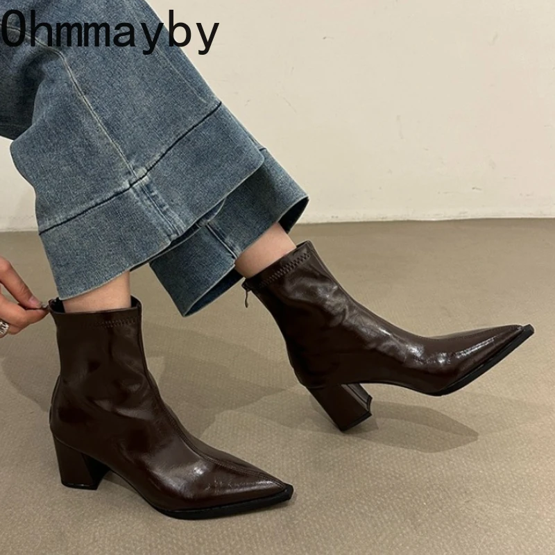 

Женские ботильоны в уличном стиле с острым носком на толстом каблуке, дизайнерские эластичные тонкие короткие ботильоны, осенне-зимняя женская обувь