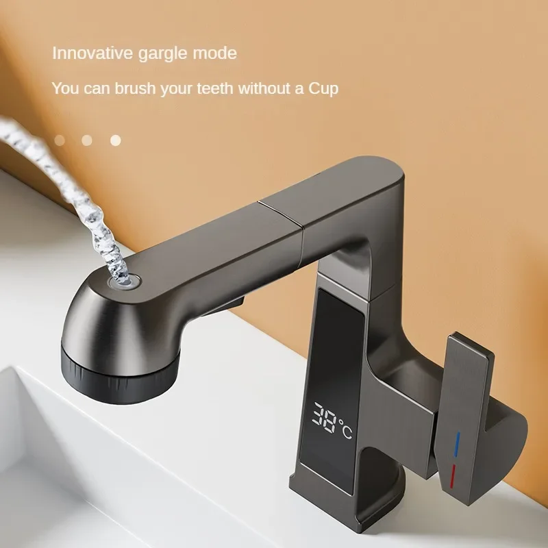 Multi-Function Intelligent Digital Display Faucet Brass Pull-Out Basin Faucet 360° Rotation Lifting Hot And Cold Bathroom Faucet