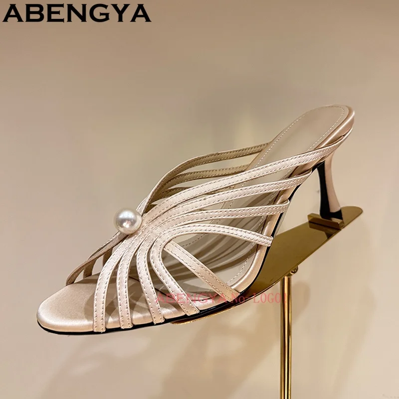 Summer Thin Heels Slides Pearls Studded Slippers Women Hollow Out High Heel Sandals Women's Slippers 2026 view 2